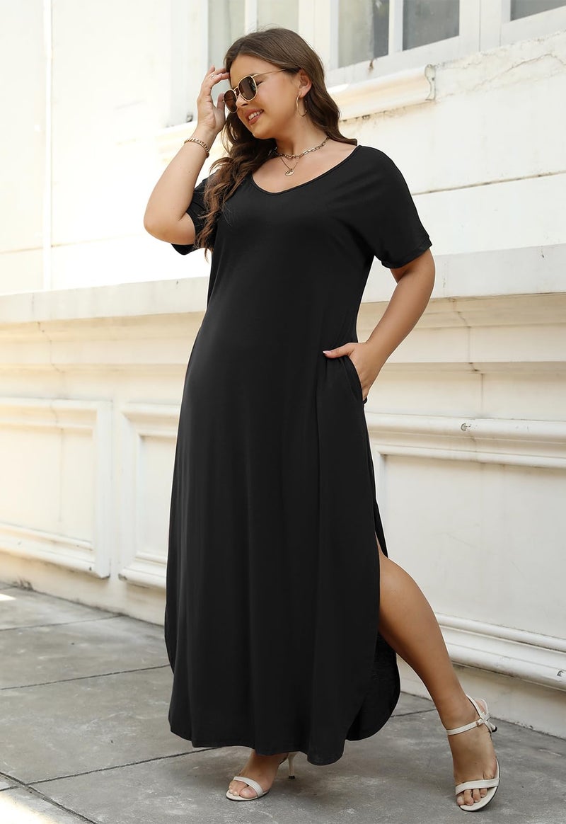 Nemidor Plus Size Maxi Dresses for Curvy Women Casual Summer Slit Loose Short Sleeve Long Dress with Pocket 14-26 (188,18,Black) - Image 4